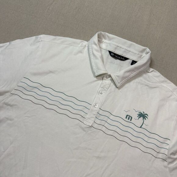 Travis Mathew Golf Polo Shirt Palm Tree Waves Casual Mens XXL White Green Blue - Picture 1 of 6